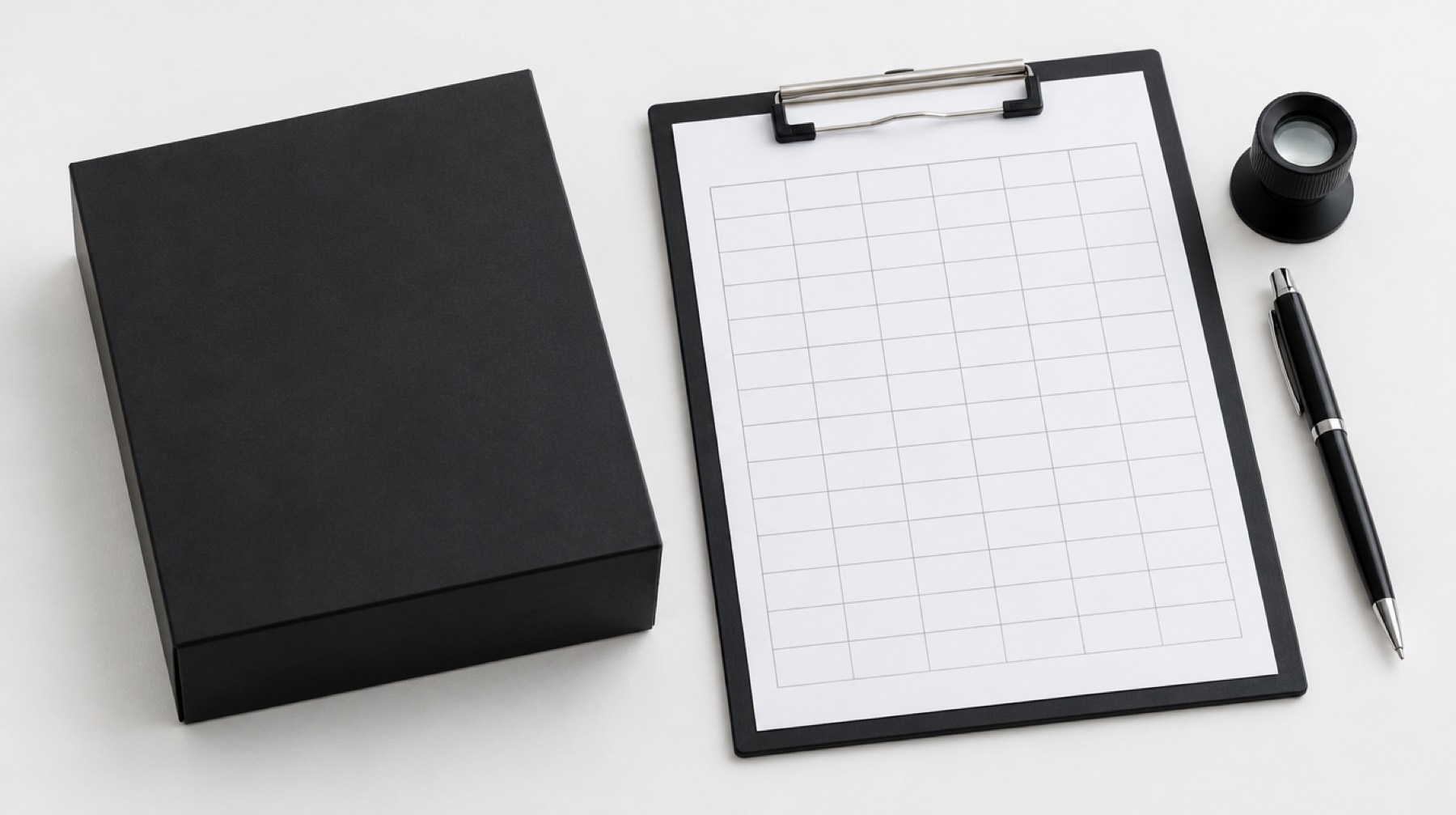 A plain black product box beside a clipboard with an empty grid sheet, a loupe and a pen on a white desk
