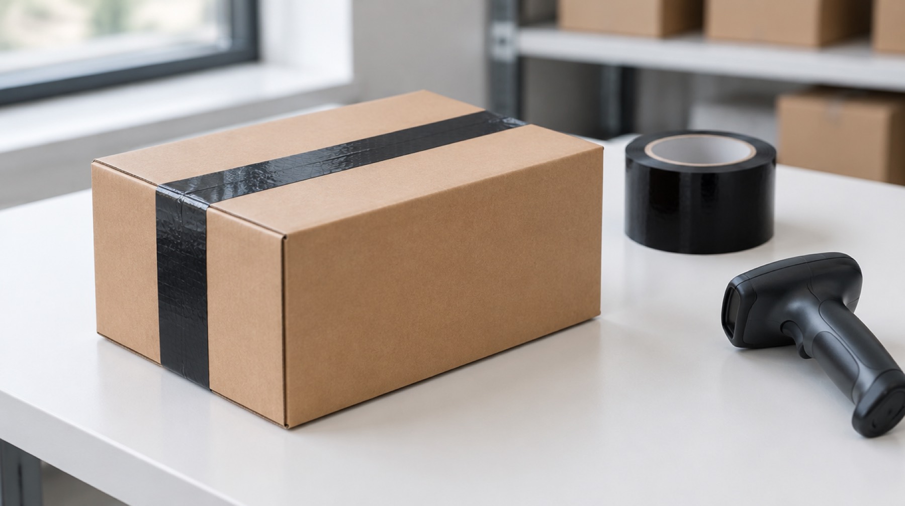 A plain brown shipping box sealed with a wide black tamper-evident tape strip on a white packing bench beside a tape roll and a scanner