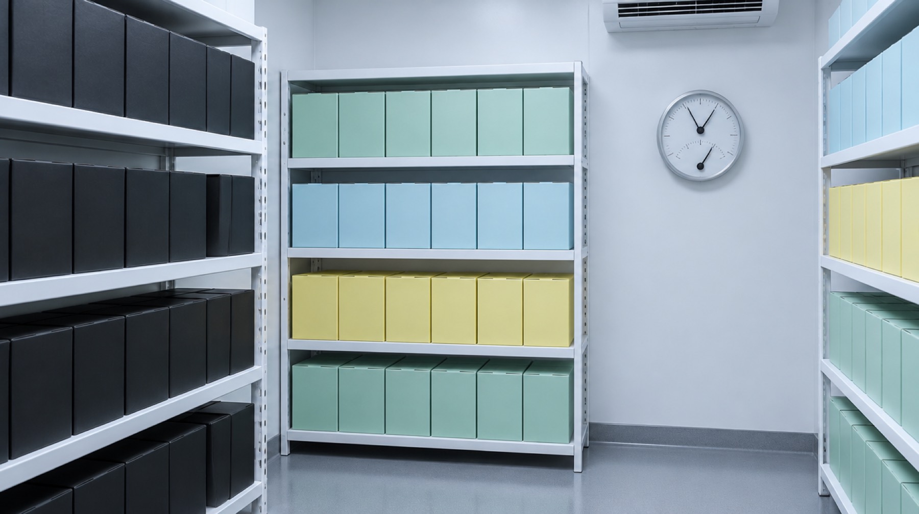A small climate-controlled stock room with white shelving, rows of black and pastel sealed cartons, and a wall gauge