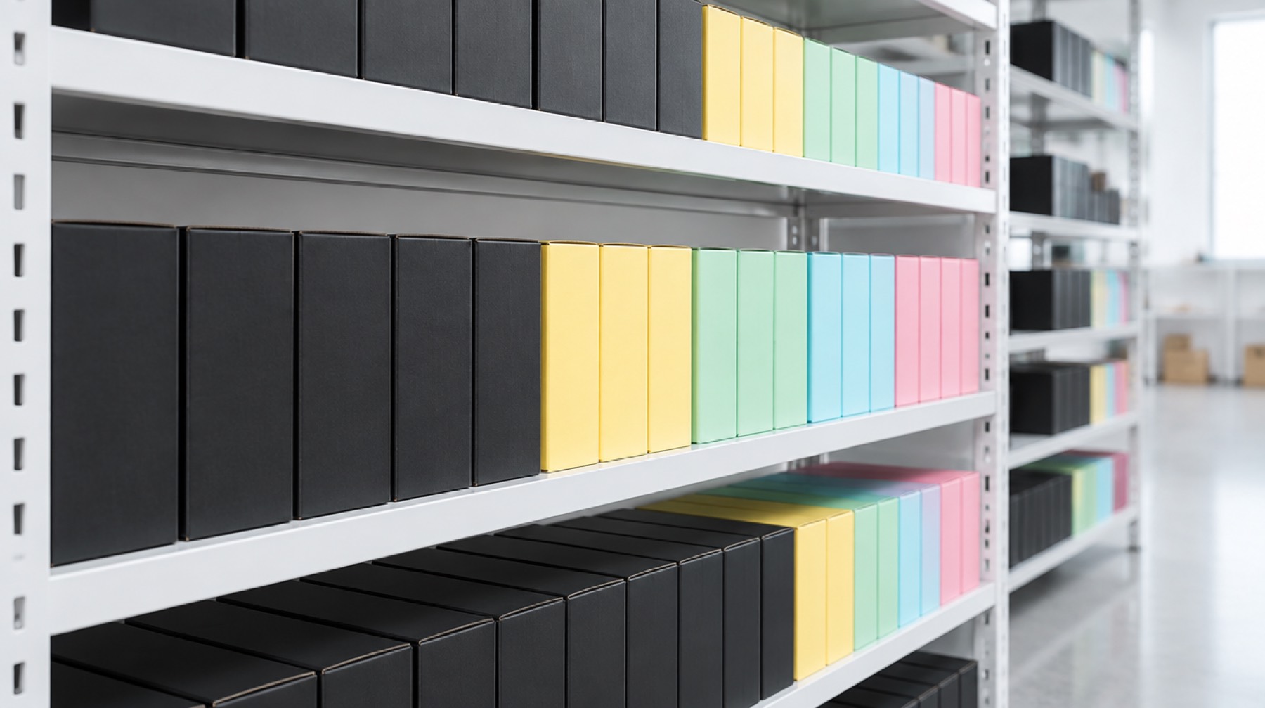 Rows of plain black and pastel-coloured cartons lined up on white metal shelving in a bright stock room
